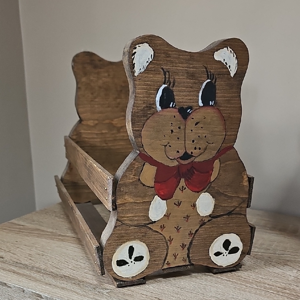 Hand-Painted Wooden Bear Organizer - Brown with Red Bow